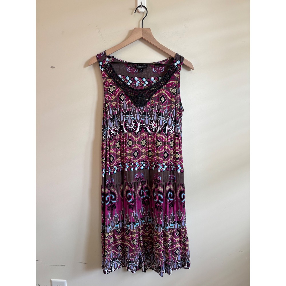 Elementz Womens Purple Geometric Tiered Midi Dress Crochet Neck Sleeveless Small